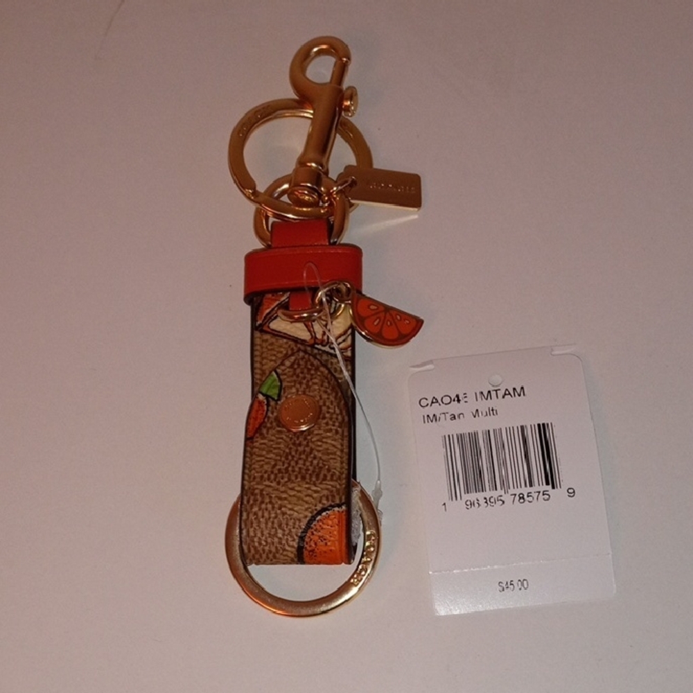 Coach Orange Print Leather Key & Card Holder Keychain